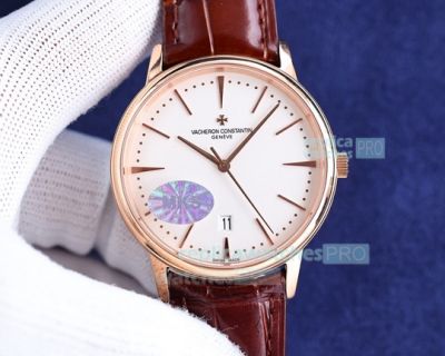 Swiss 9015 Replica Vacheron Constantin Patrimony Date Watch Rose Gold White Dial